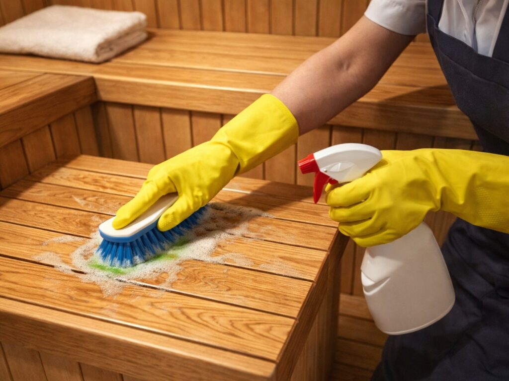 サウナベンチをブラシで清掃する様子