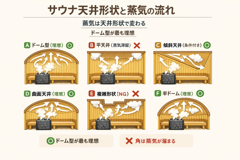 サウナ天井形状ごとの蒸気の流れ比較図(ドーム型と平天井)
