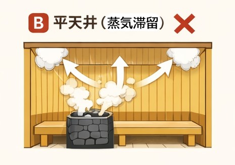 平天井で蒸気がコーナーに滞留するイメージ