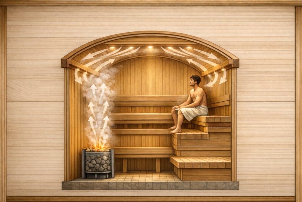 サウナ天井に設置されたロウリュガイド木材