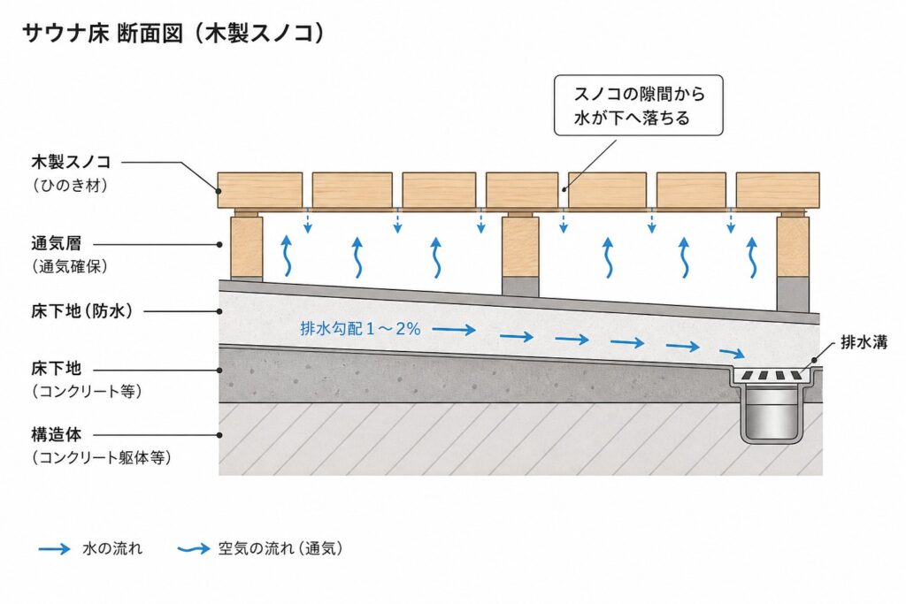 サウナ 床 設計 木製スノコ 排水構造 図解