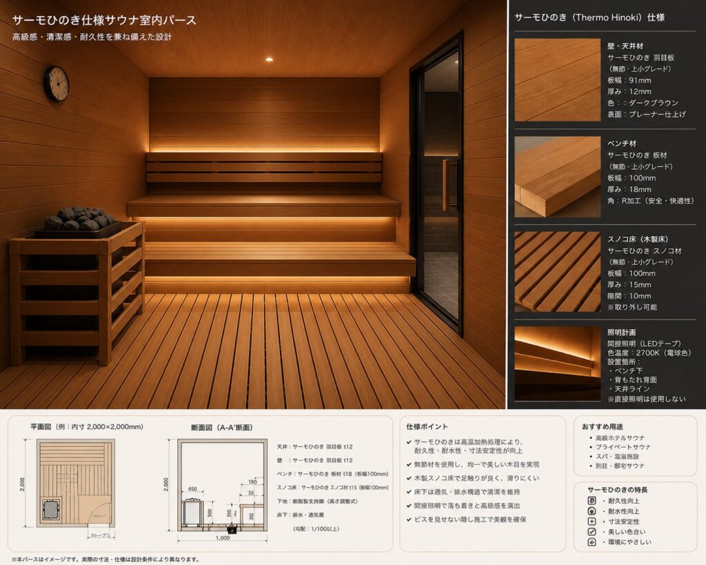 サウナ 床 設計 木製スノコ 高級サウナ内装