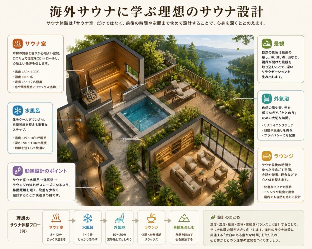 サウナ室、水風呂、外気浴、ラウンジ、景観を配置した理想的なサウナ施設の鳥瞰図