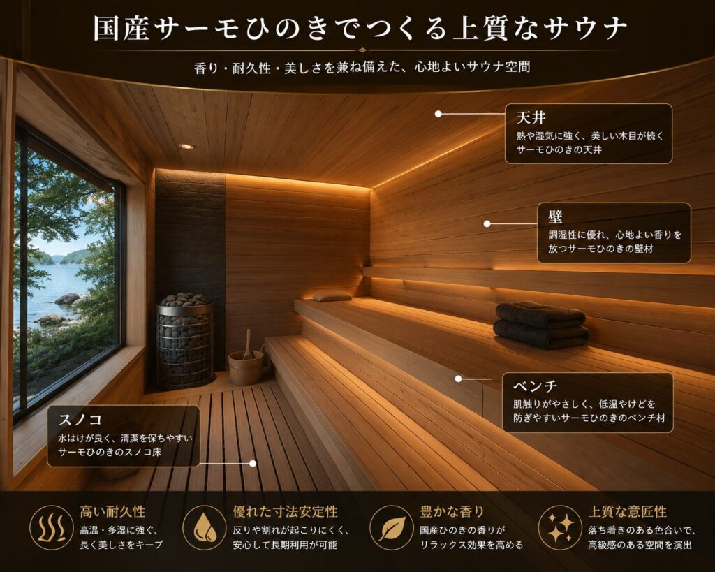 サウナ用木材サーモひのきを使用した高級サウナ室のCGイメージ。壁、天井、ベンチ、スノコを解説