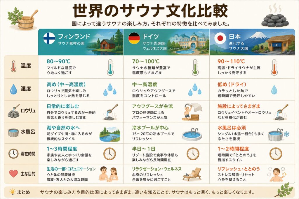 日本、フィンランド、ドイツのサウナ文化を温度、湿度、ロウリュ、水風呂、滞在時間、目的で比較したインフォグラフィック
