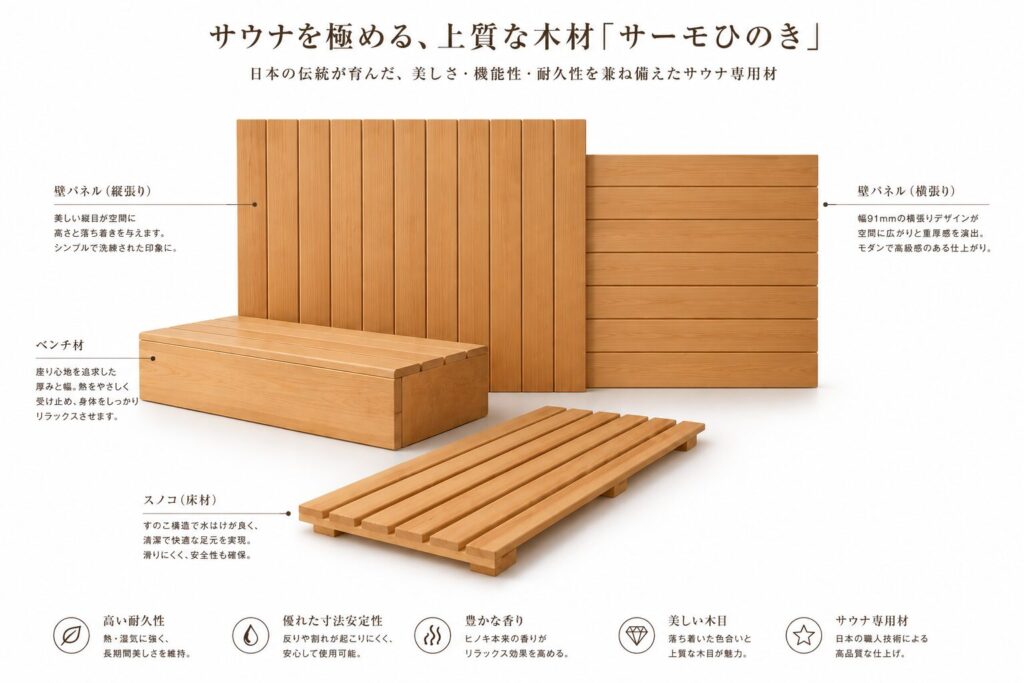 サーモひのきの壁材・ベンチ材・スノコ材