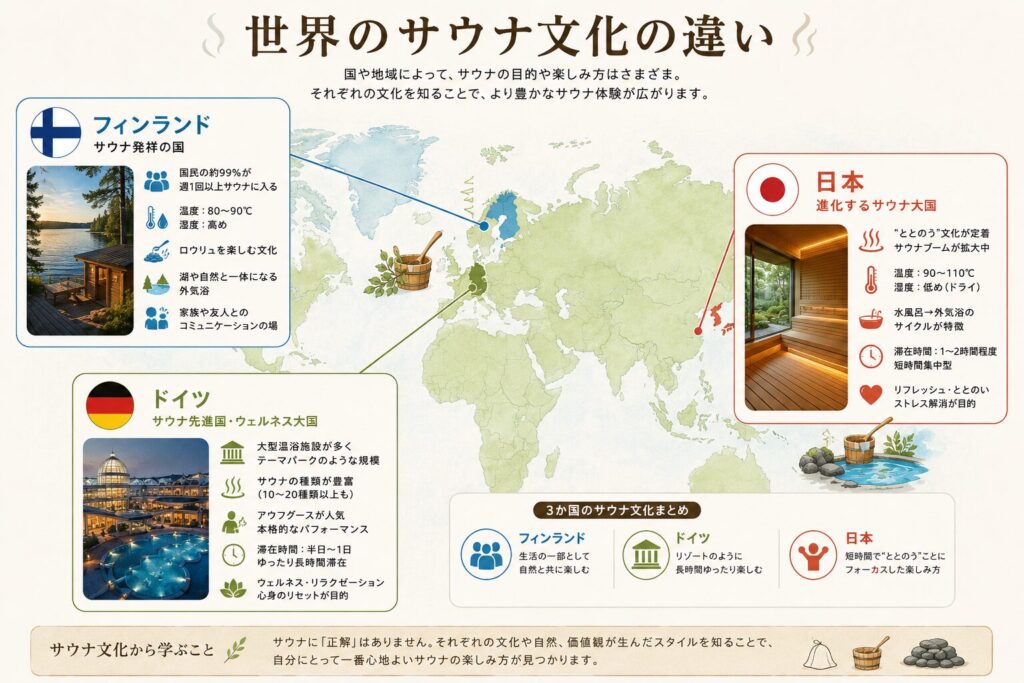 フィンランド、ドイツ、日本のサウナ文化を世界地図上で比較したインフォグラフィック