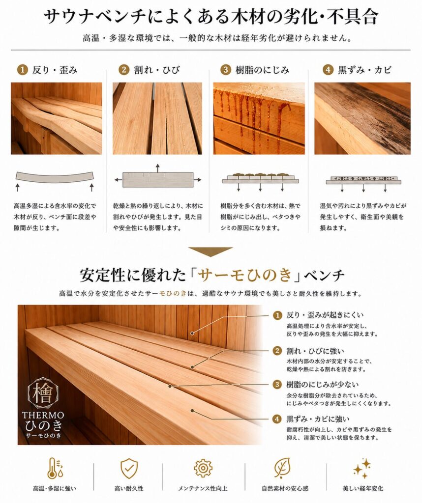 サウナベンチ木材の失敗例 反り 割れ ヤニ