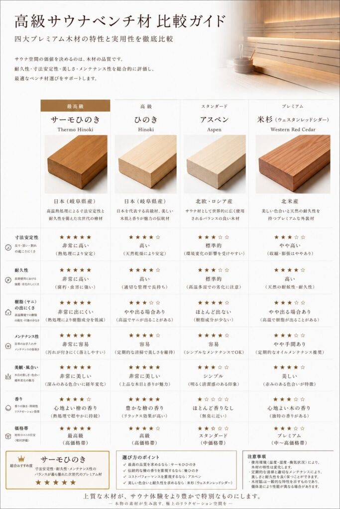 サウナベンチ用木材比較 サーモひのき ヒノキ アスペン レッドシダー