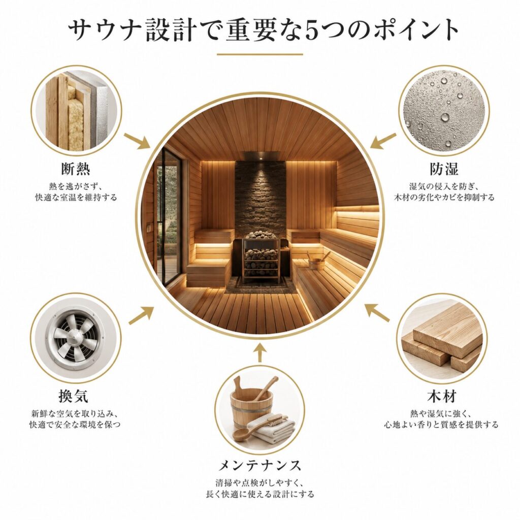 サウナ設計で重要な5つのポイントを示したインフォグラフィック