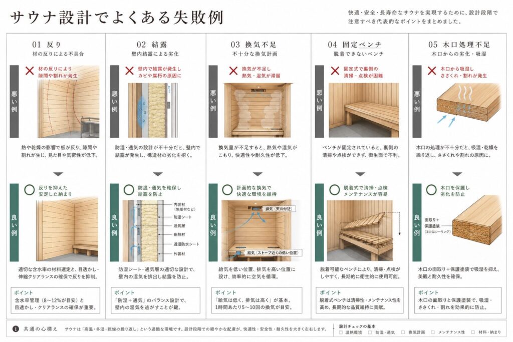 サウナ設計でよくある失敗例をまとめた図解