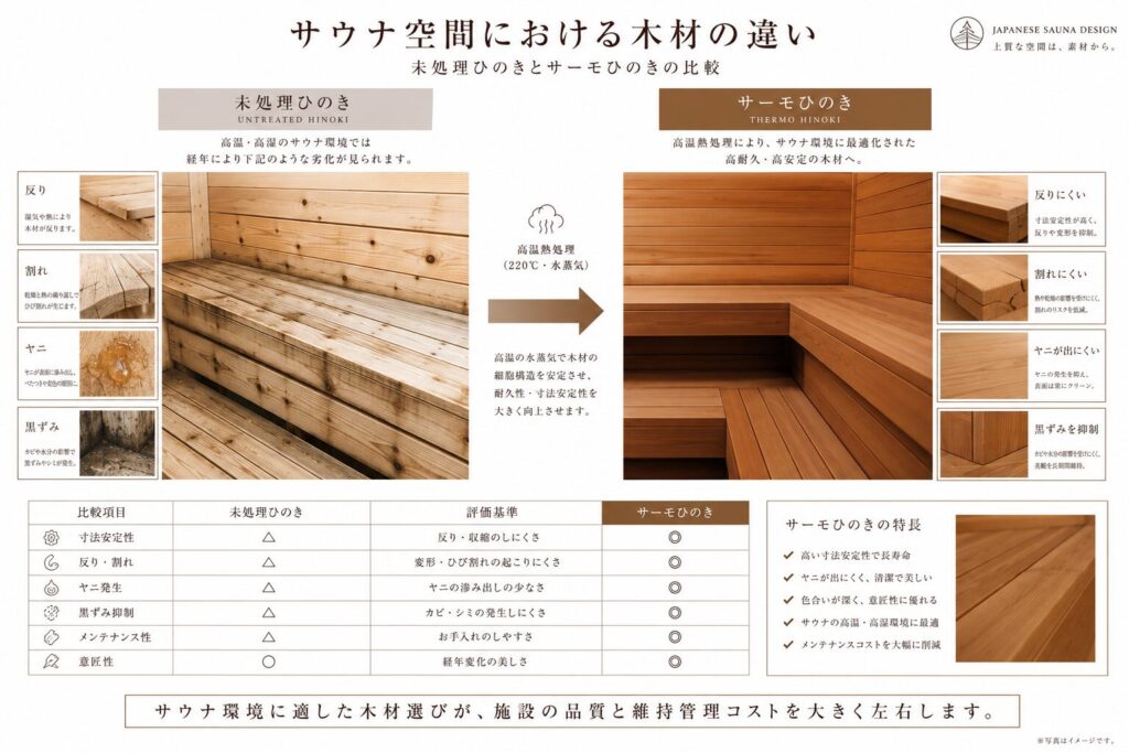普通のヒノキとサーモひのきの反り・割れ・ヤニ比較図