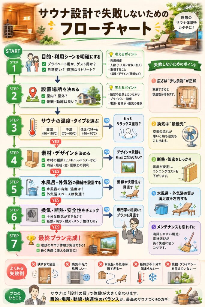 サウナ設計で失敗しないためのフローチャート。