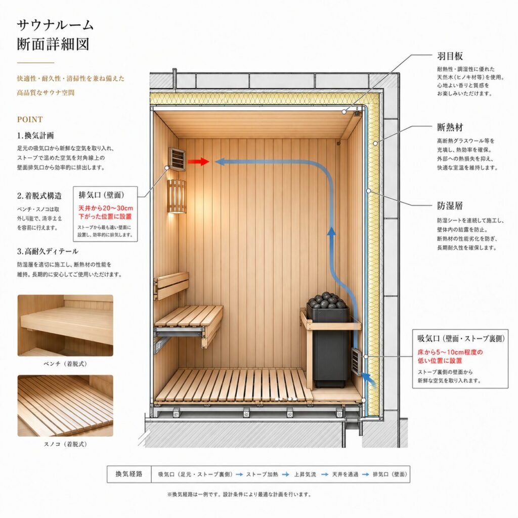 サウナ室の基本構造と推奨断面図