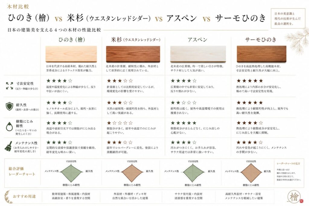 サウナ用木材比較表