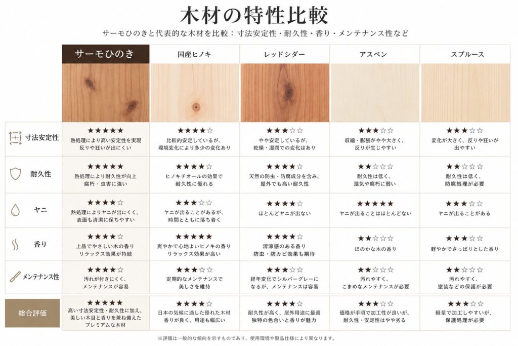 サウナ用木材比較表