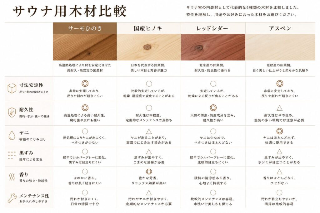 サウナ用木材比較表
