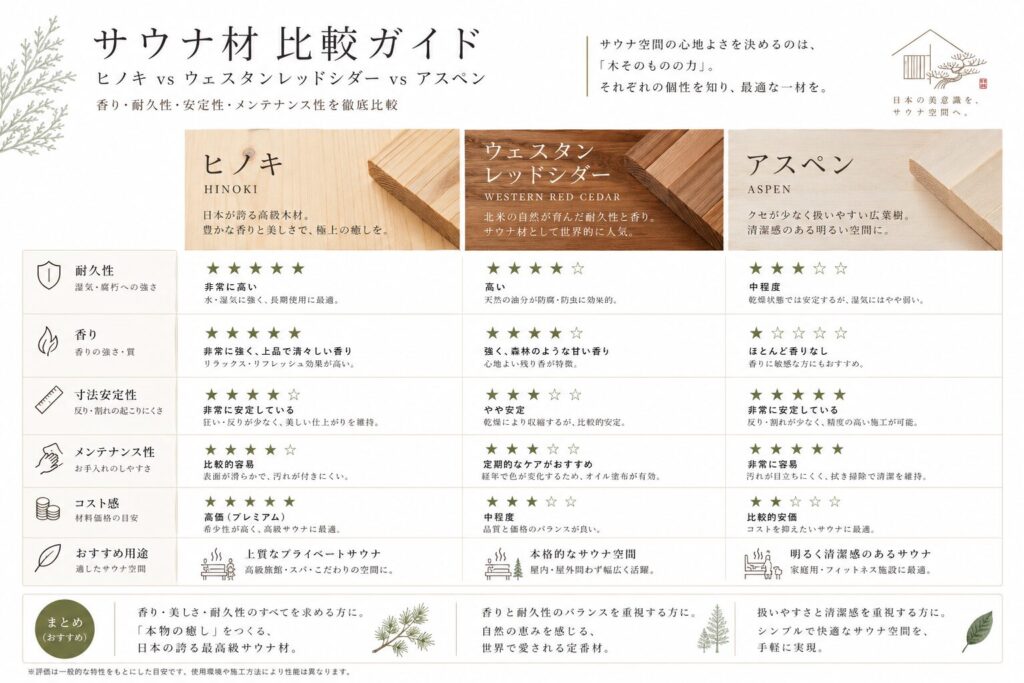 サウナ用木材の比較表
