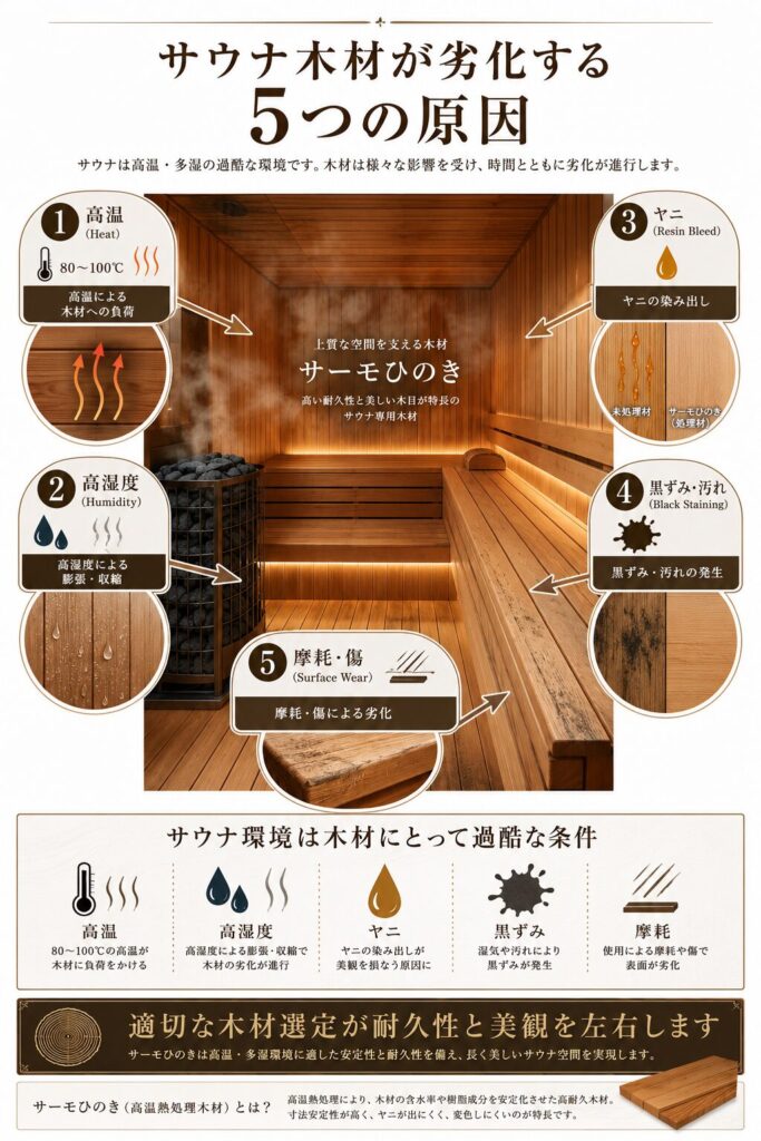サウナ室内の木材が劣化する5つの原因を解説した図解