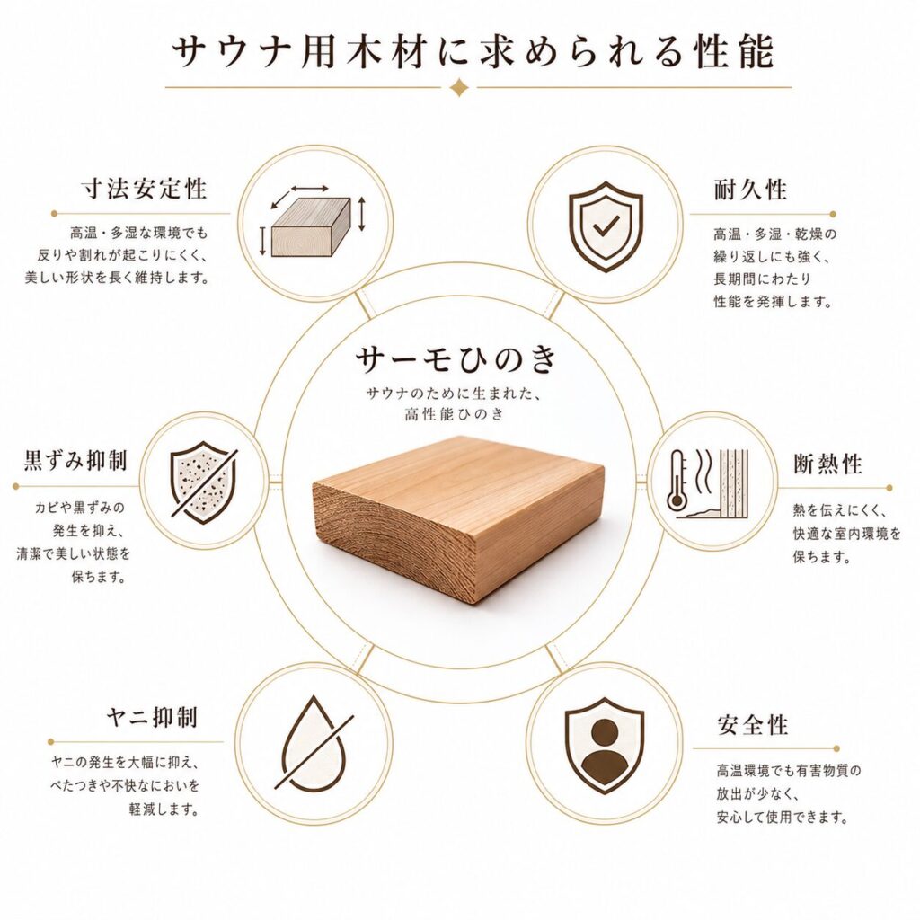 サウナ用木材に必要な性能比較図