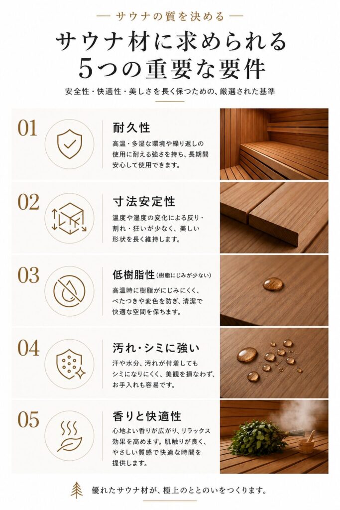 サウナ用木材に求められる5つの性能