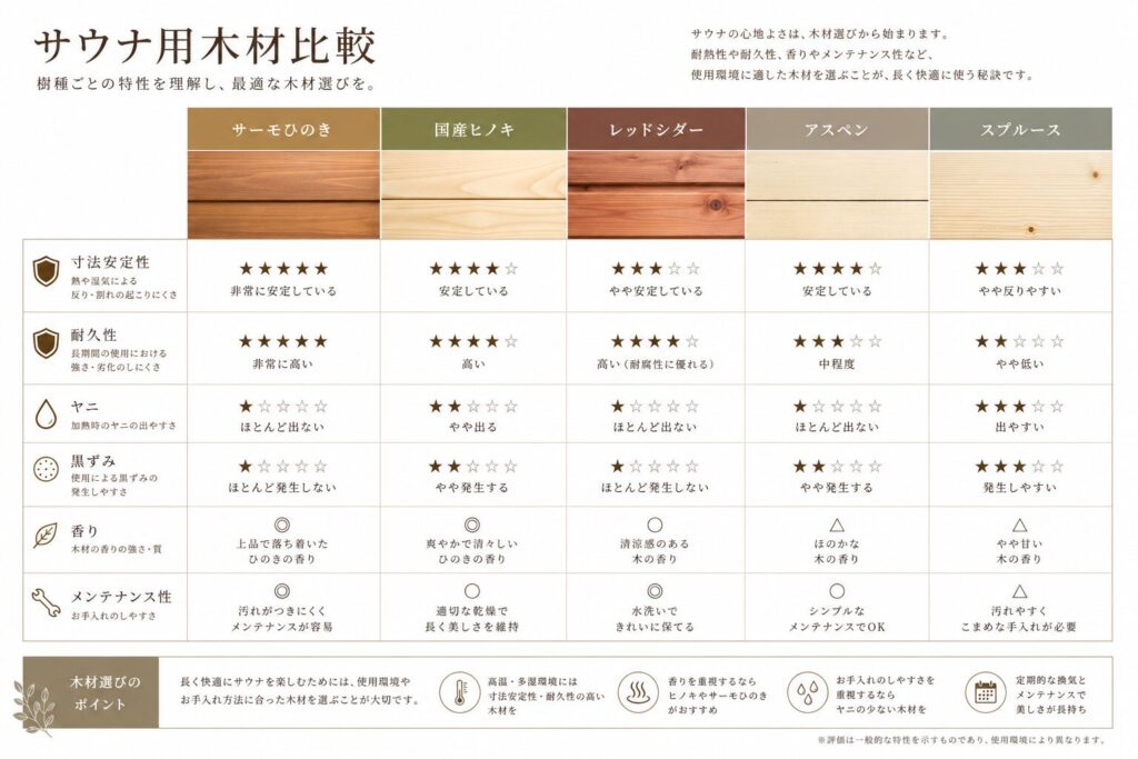 サーモひのきと各種サウナ用木材の比較表