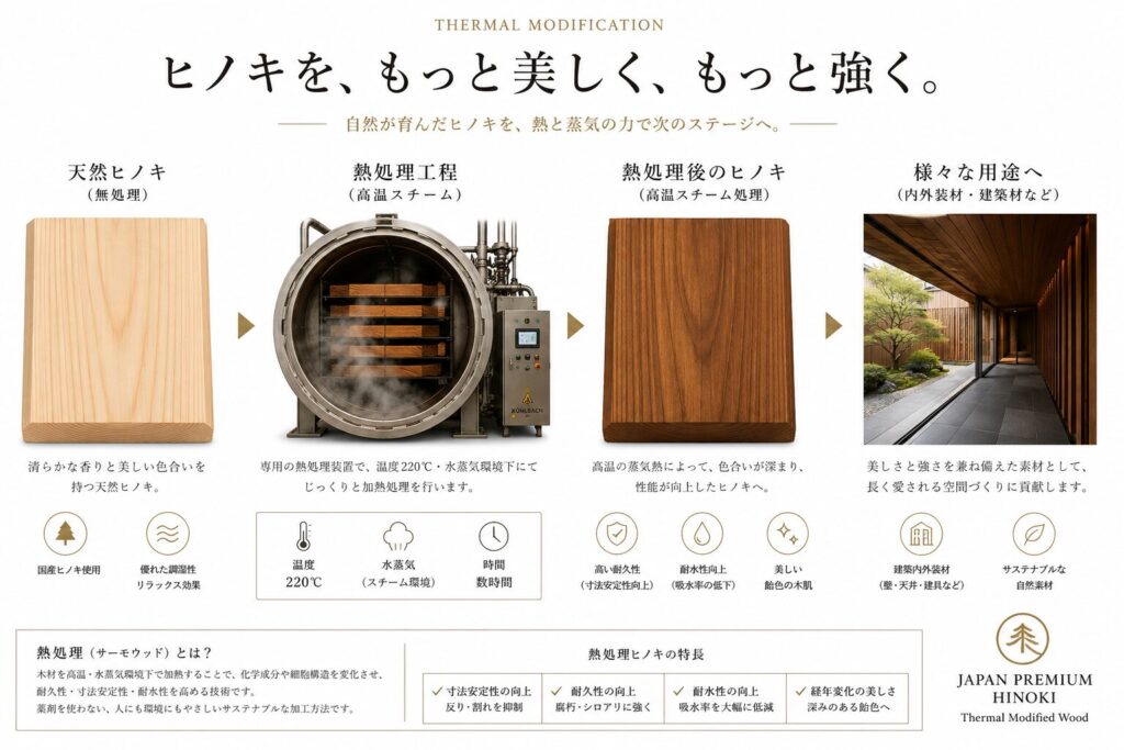 サーモひのきの熱処理工程図