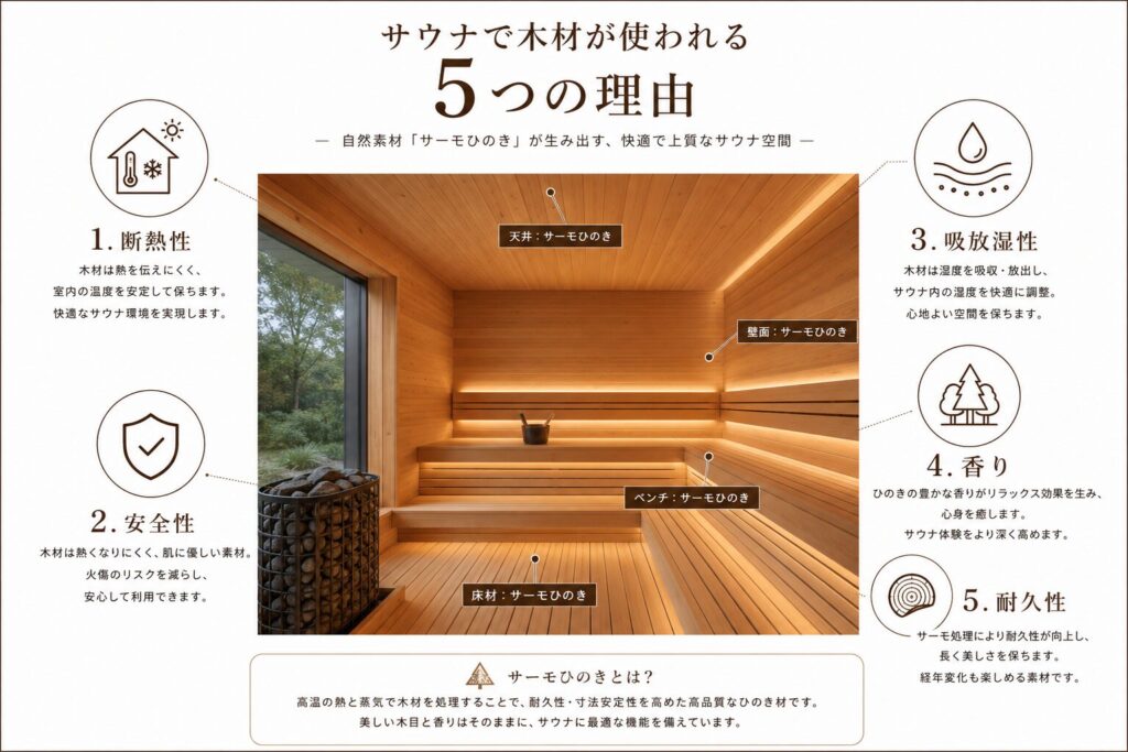 サウナで木材が使われる理由を解説したインフォグラフィック