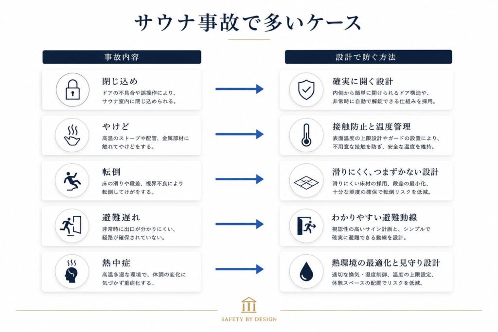 サウナ事故の主な原因と設計による対策比較