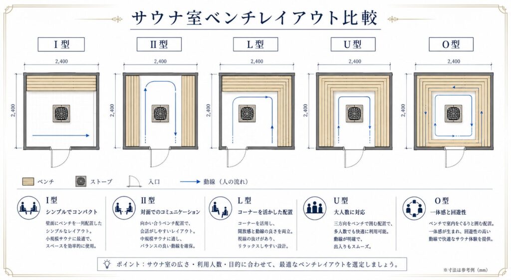 サウナ室のベンチレイアウト比較図