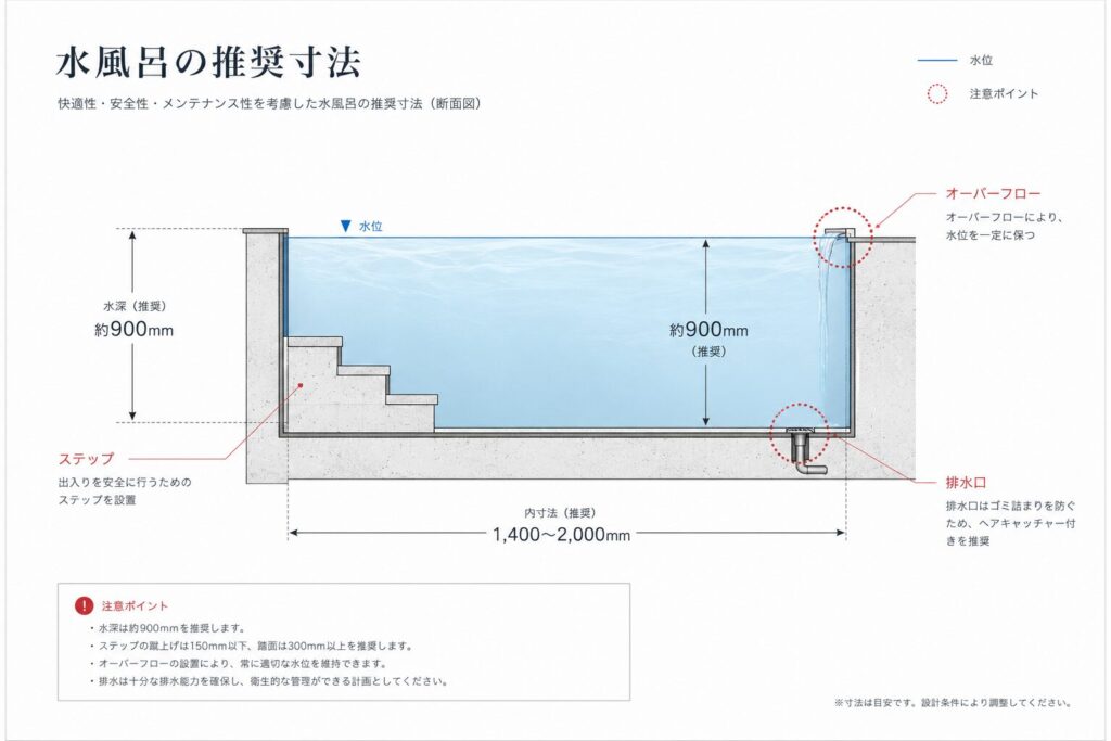 サウナ水風呂の推奨水深とステップ配置を示した断面図