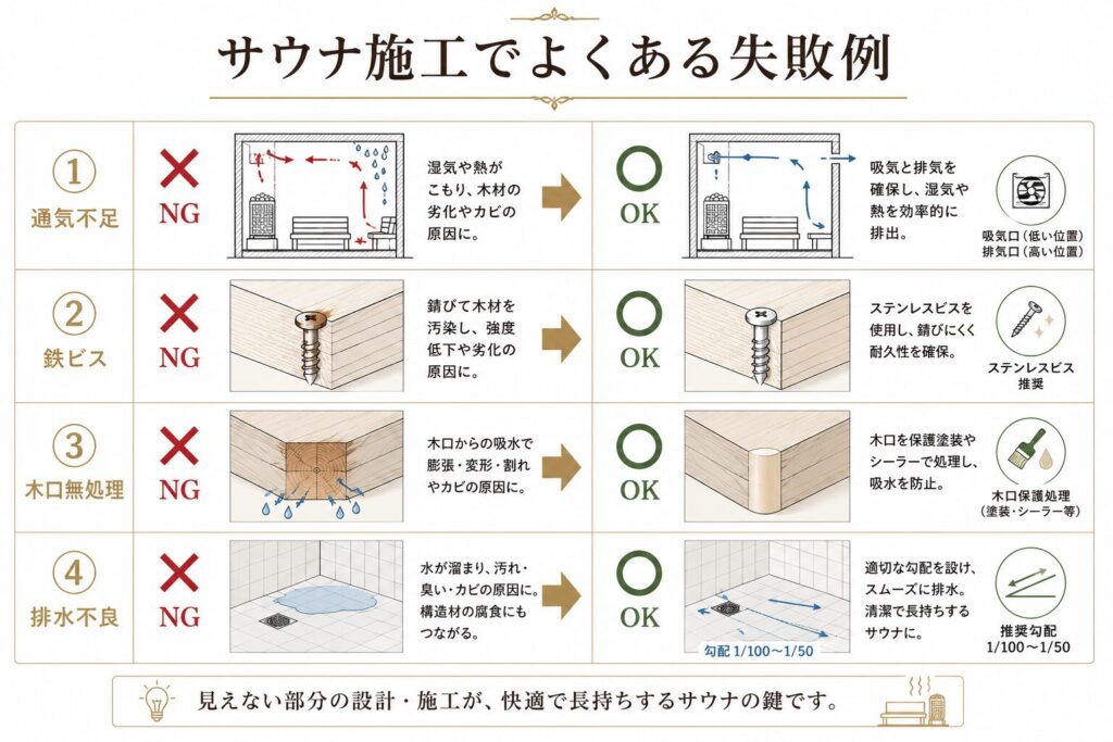 サウナ施工で発生しやすい失敗例と正しい施工方法を比較した図