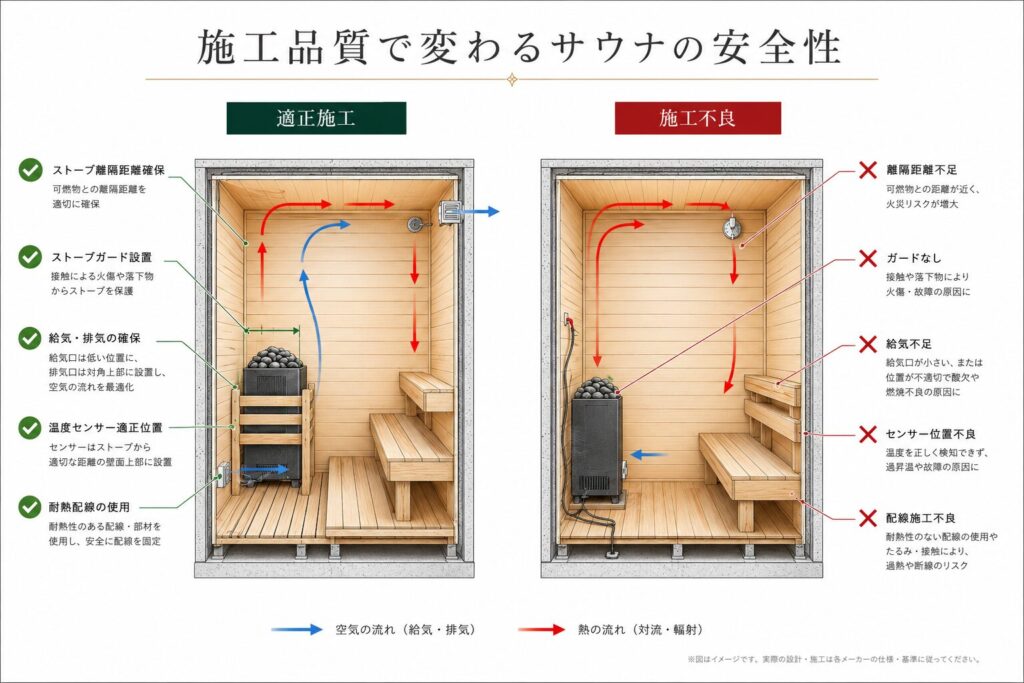 施工品質による安全なサウナと施工不良の比較図