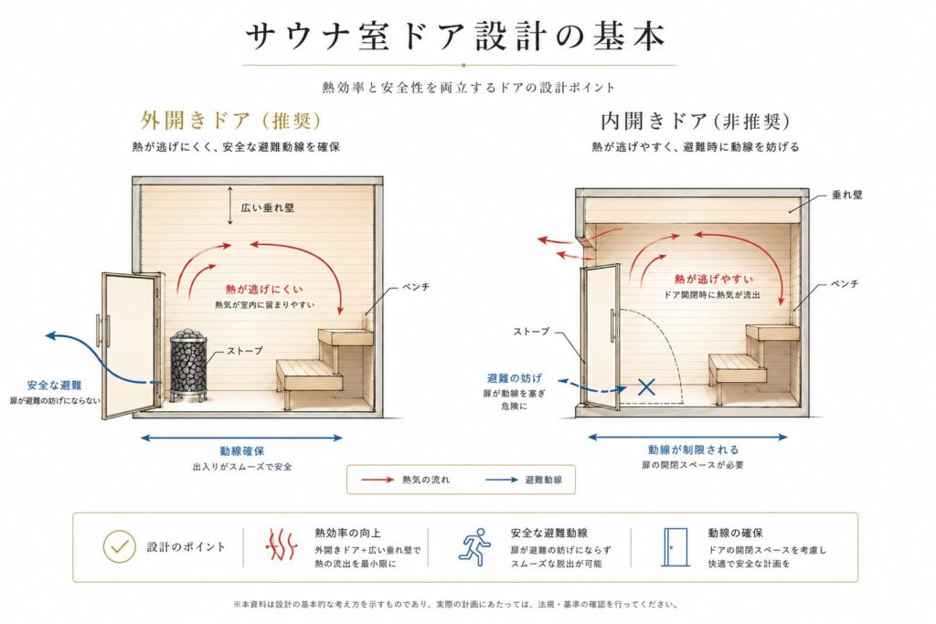 サウナ室の外開きドアと内開きドアの違いを比較した設計図