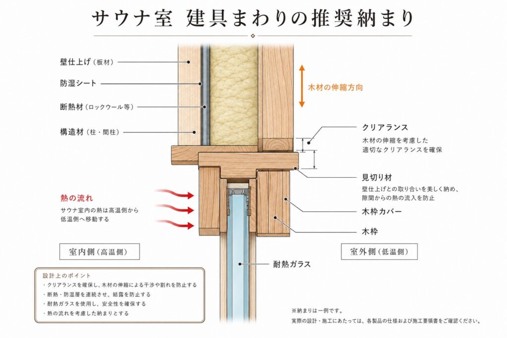 サウナ室のドア枠・窓枠・耐熱ガラスの断面納まり図
