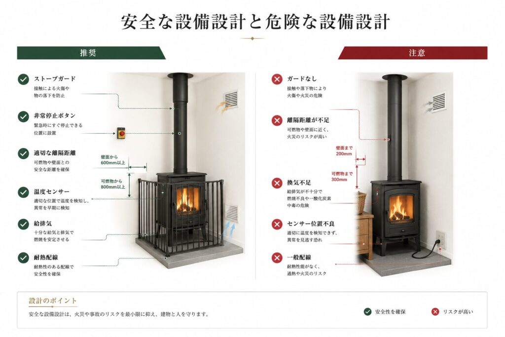 安全なサウナ設備設計と危険な設備設計の比較