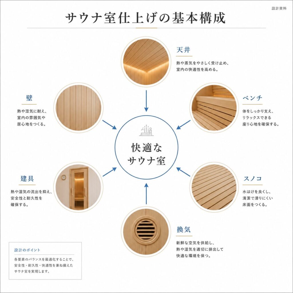 サウナ室の壁・天井・ベンチ・スノコ・建具・換気の基本構成を示した図
