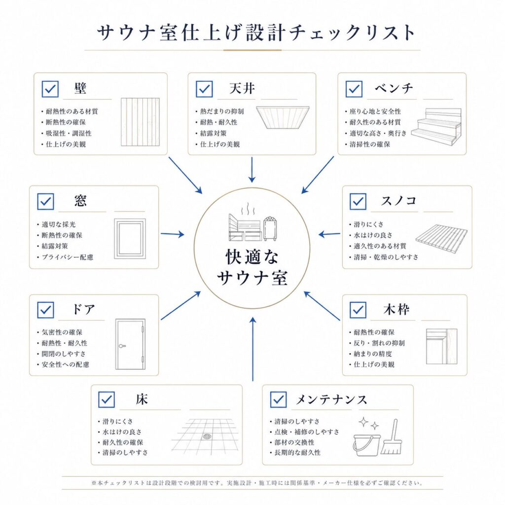 サウナ室の仕上げ・建具設計で確認すべきポイントを一覧化したインフォグラフィック