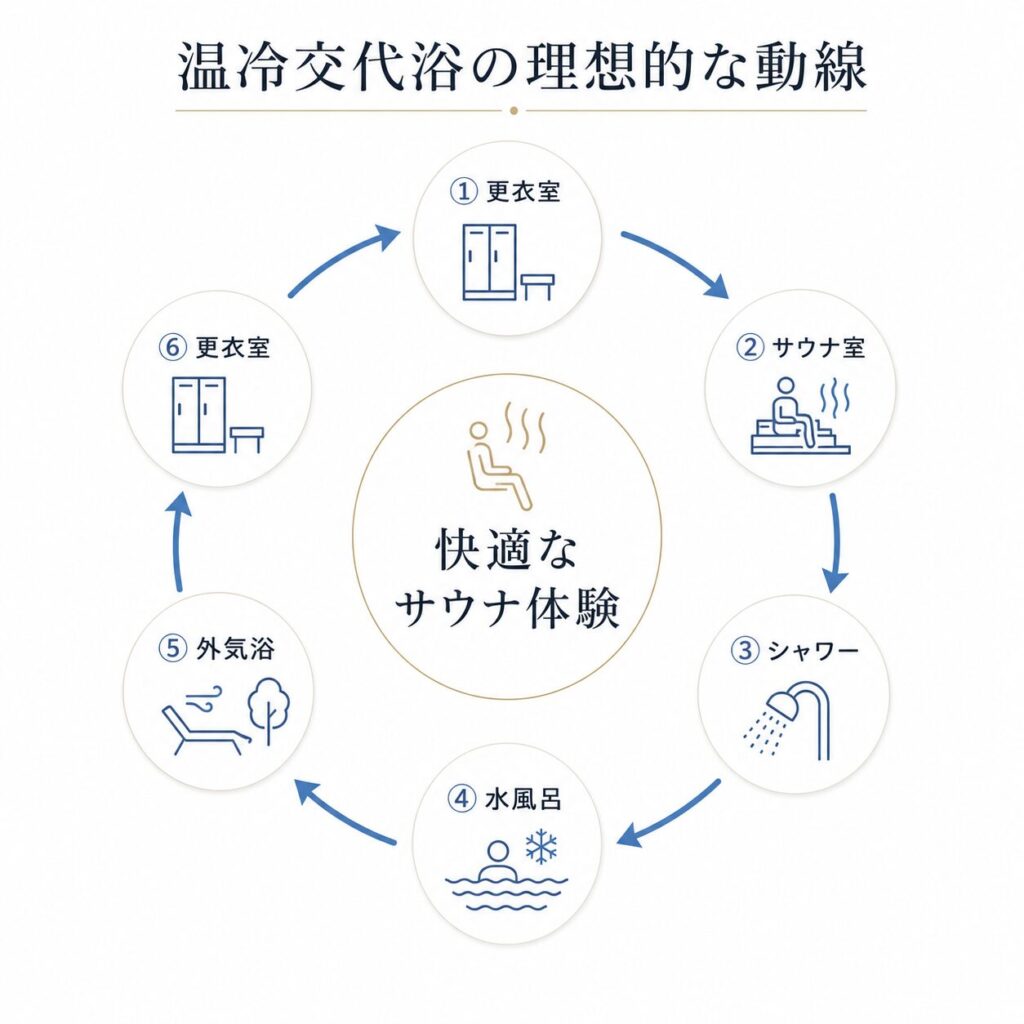 サウナ室から水風呂、外気浴までの温冷交代浴動線