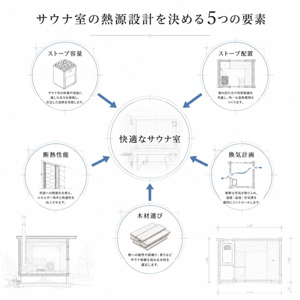 サウナ室の熱源設計の基本要素を示した図
