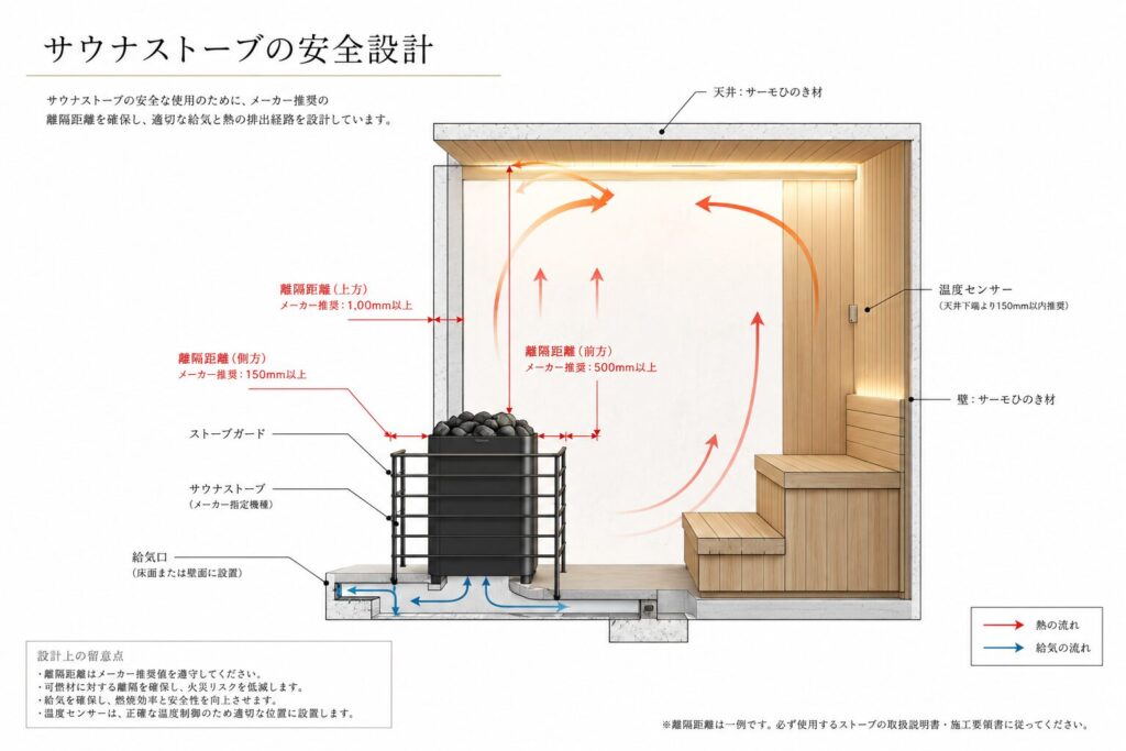 サウナストーブの安全な離隔距離とストーブガードの設計図