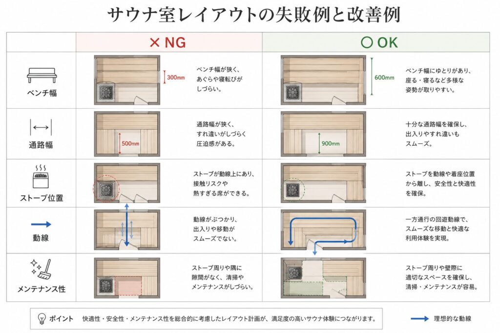 サウナ室レイアウトの失敗例と改善例