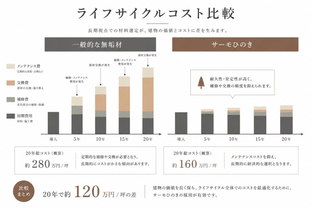 一般木材とサーモひのきのライフサイクルコスト比較図