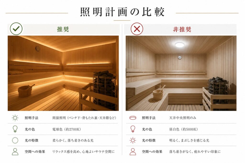 サウナ室の推奨照明と失敗例の比較