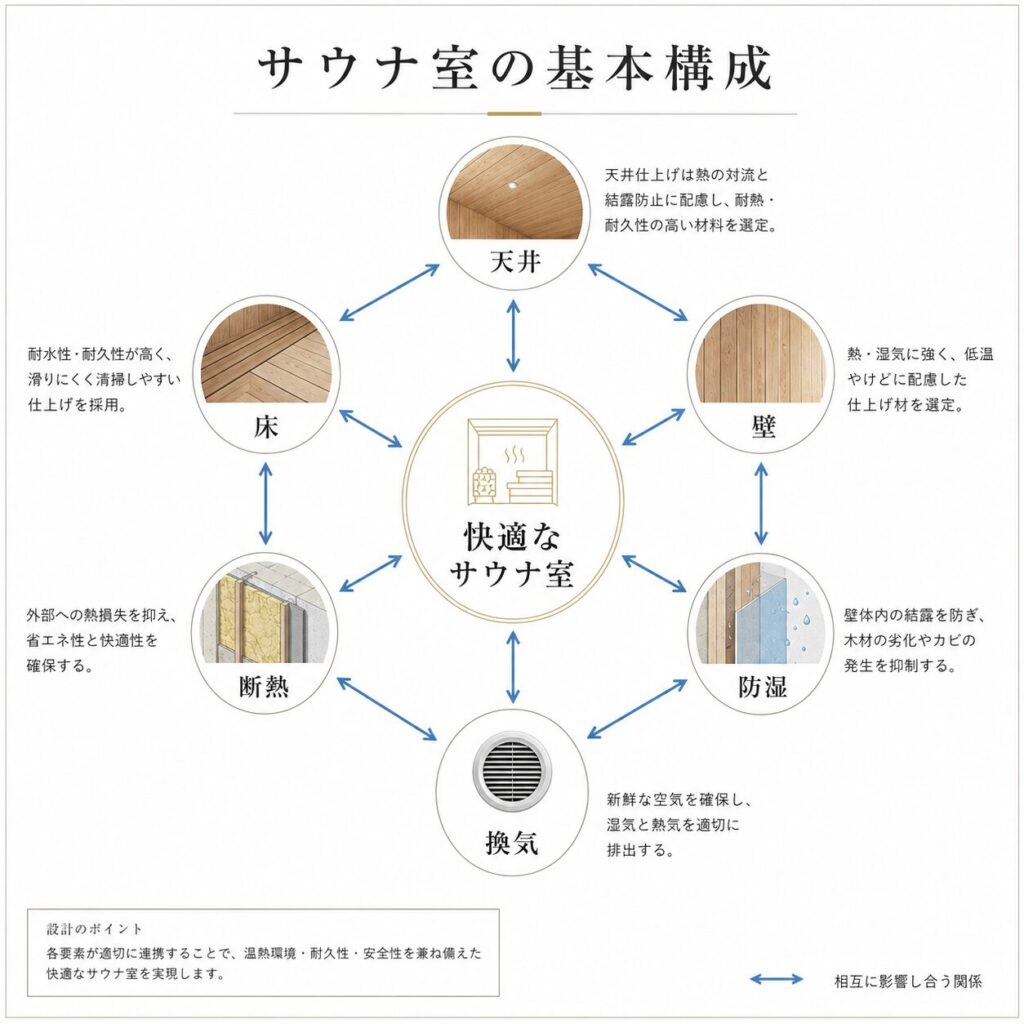 サウナ室の床・壁・天井・断熱・防湿・換気の基本構成図