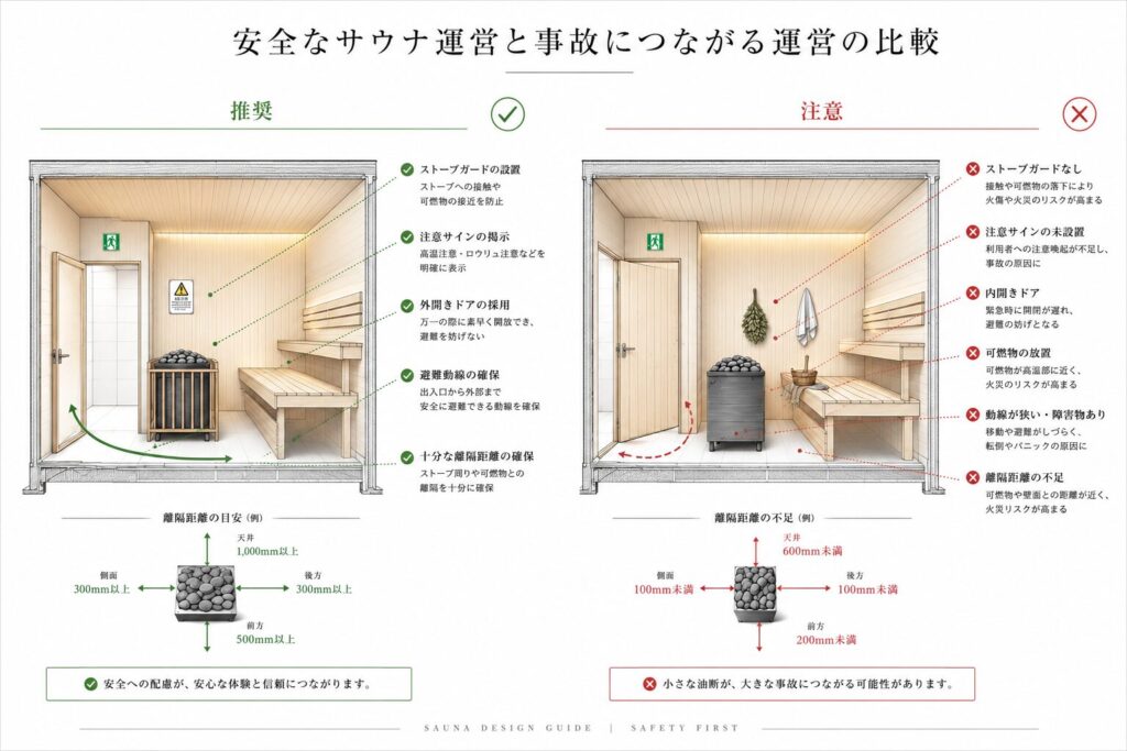 安全なサウナ運営と事故防止対策の比較図
