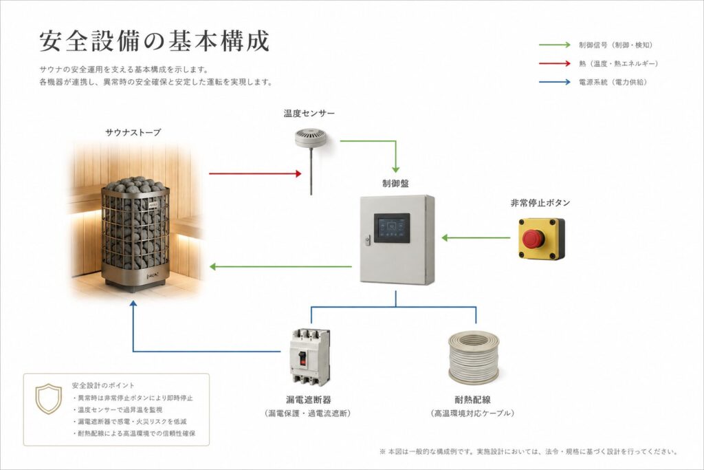サウナ設備の非常停止ボタンと温度センサーの配置