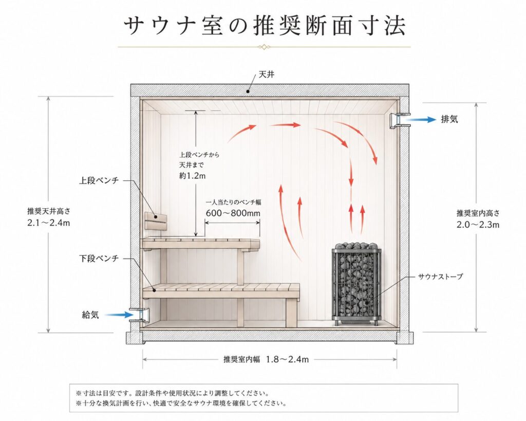 サウナ室の推奨断面寸法とベンチ・天井高さ