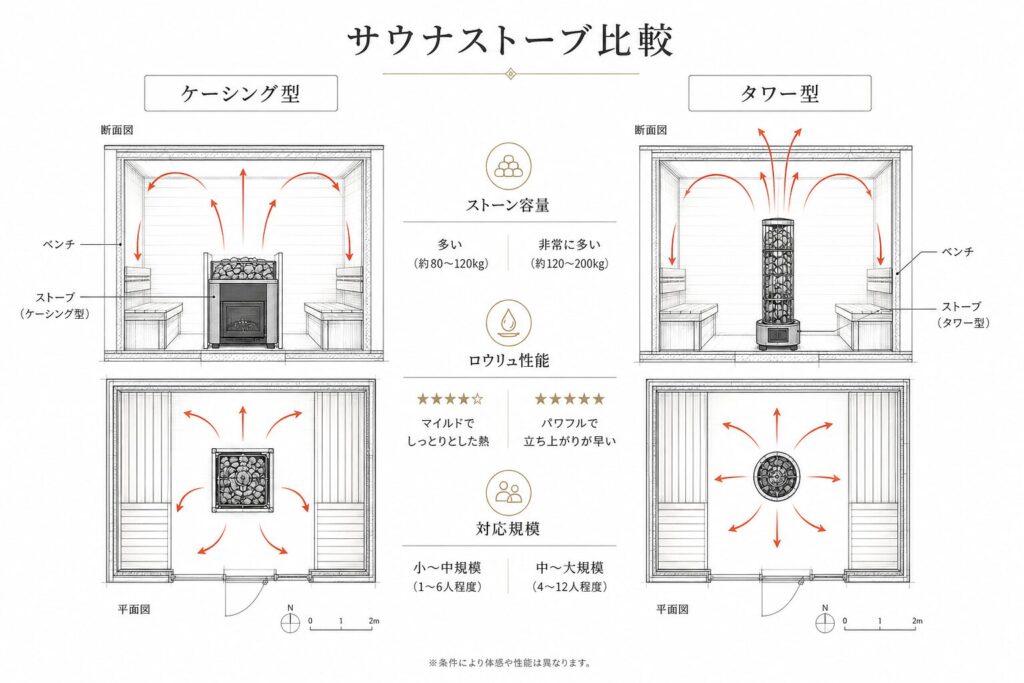 ケーシング型とタワー型サウナストーブの比較図