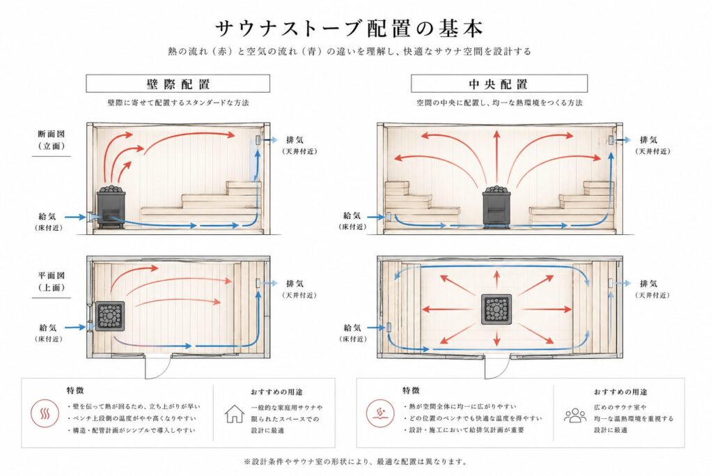 サウナストーブ配置と熱の流れの比較図